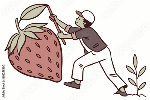 Worker harvesting giant strawberry in a colorful agricultural setting during sunny daytime