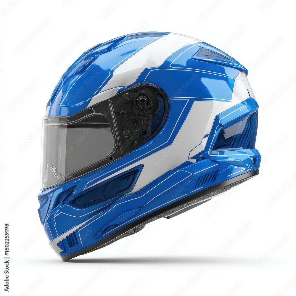 Fototapeta premium Stylish Blue and White Motorcycle Helmet Design Safety Gear for Riders