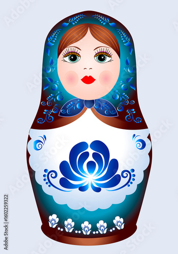 Russian souvenir, matryoshka,  on isolated white background. Beautiful and cheerful wooden doll. Grandmother. Decorative floral painting gzhel. Gift. Sample.  illustration