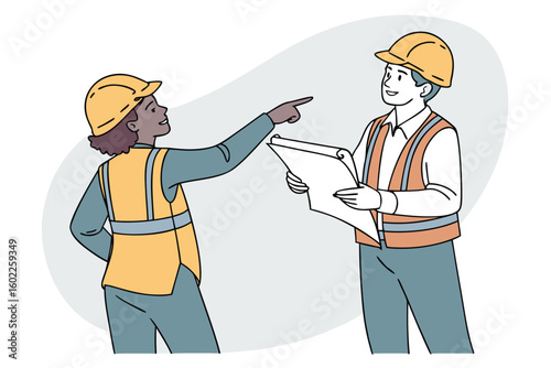 Construction workers discussing project plans at the worksite with safety helmets and reflective vests during daytime hours