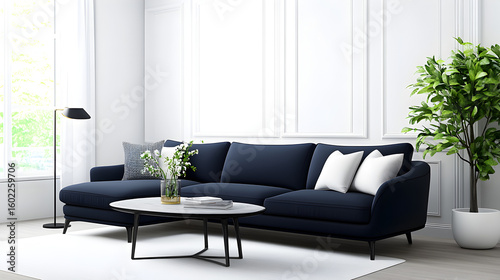 Modern interior design of apartment. Cozy living room with blue sofa, coffee tables