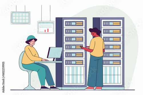 Workers manage data storage in a modern office, showcasing teamwork and technology during a busy workday