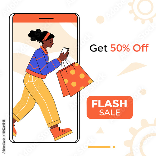 Illustration of a woman shopping online using a mobile phone with a flash sale and fifty percent off offer