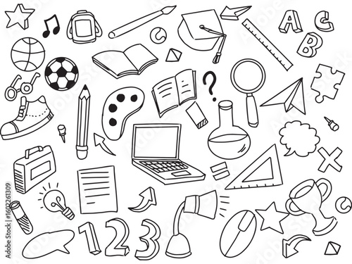 back to school doodle, ornament for background with sketch symbols related to school