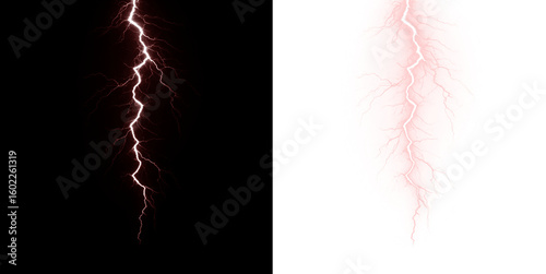 Lightning, red, electric, energy, power — abstract PNG Overlay with transparent background. Powerful red electric bolt with glowing discharge and dramatic storm impact