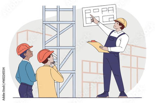 Construction workers discussing project plans at a building site while examining a scaffold and blueprints in progress