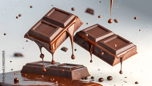 A realistic 3D render of melting pieces of a glossy chocolate A realistic 3D render showing melting parts of glossy chocolate.