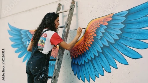 Woman paints vibrant wings mural on wall, adding artistic touch to urban landscape and creates