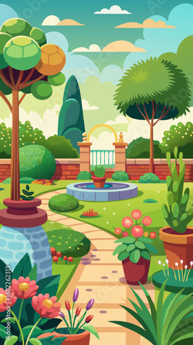 A vibrant cartoon illustration of a beautiful manicured garden with a winding path and blooming flowers