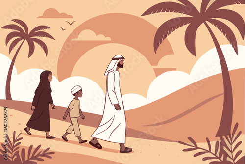 Family walking through a desert landscape with palm trees at sunset, showcasing cultural attire and serene surroundings
