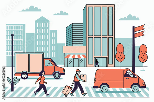 City street with delivery trucks and pedestrians as people navigate the urban environment during the day