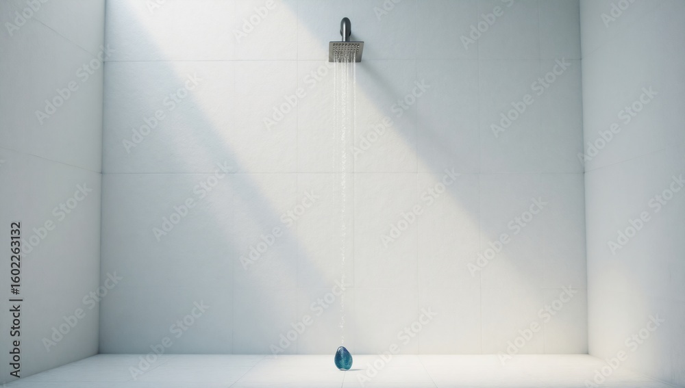 Obraz premium Single water droplet on floor under shower stream in minimalist bathroom