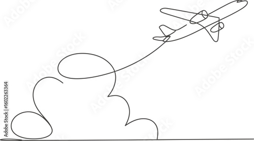 Minimalist single line drawing of an airplane flying through clouds