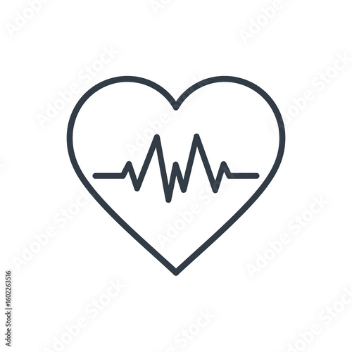Heart pulse icon with heartbeat line inside heart shape, symbolizing health monitoring and medical care, simple black outline on transparent background for clean design