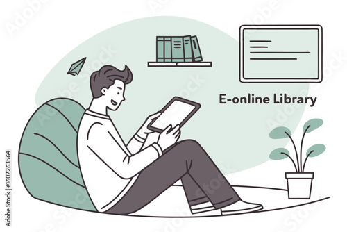 Enjoying reading at an online library on a tablet, seated comfortably in a cozy space with bookshelves and a plant nearby, illustrating digital learning and modern reading experiences
