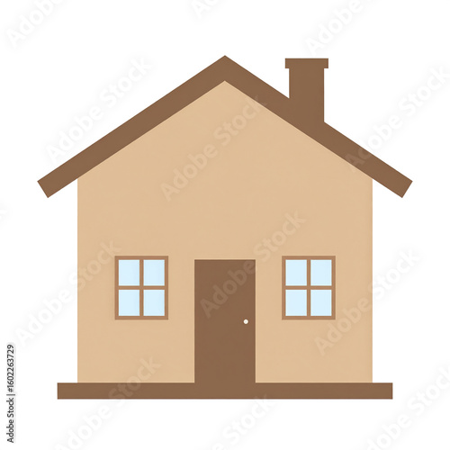 Simple house icon with brown roof and beige walls, featuring two windows and central door, symbolizing home and shelter in clean, minimalistic style