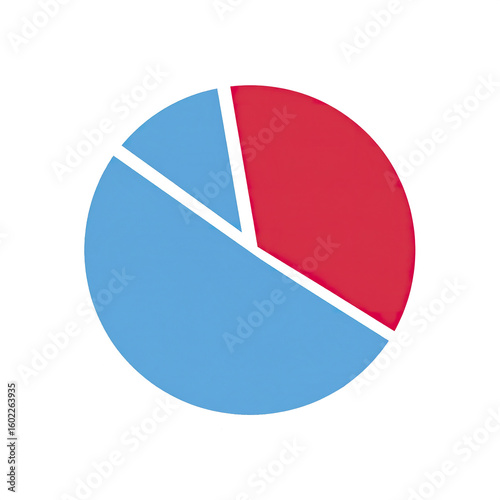 Pie chart with three separated segments in red and blue colors, simple flat design with overhead angle view for data visualization and presentation concept