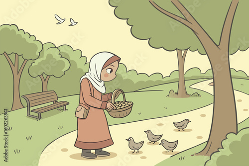 Woman with a basket feeding birds in a serene park during a sunny day