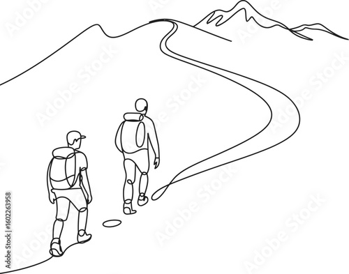 Two hikers with backpacks ascend a winding mountain path towards a distant peak