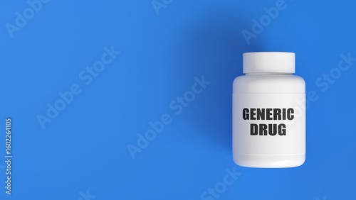 Generic drug medicine bottle on blue background with copy space- Healthcare and pharmaceutical Concept. 3d Illustration