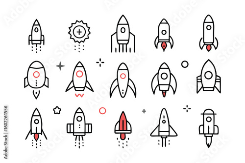 Vector art of a collection of diverse rocket icons representing space exploration and technology