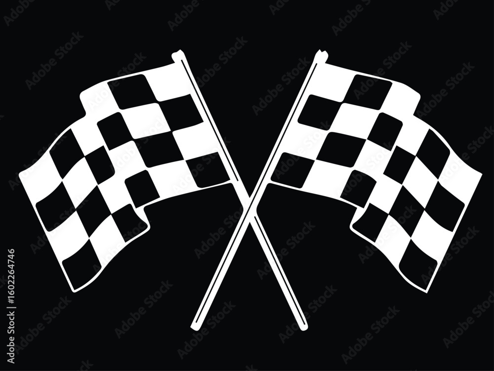 Fototapeta premium Two crossed checkered flags, black and white, indicating the end of a race or competition.