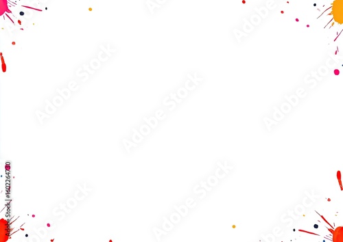 Colorful paint splashes frame a blank white background