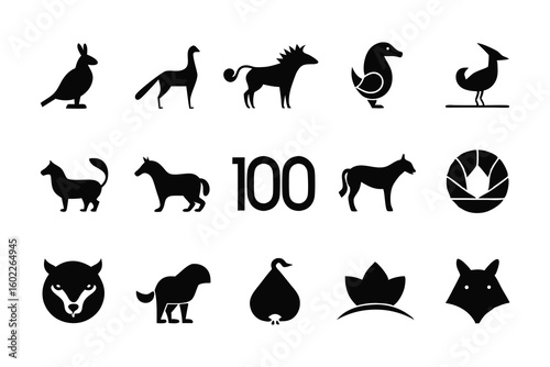 Vector art of a diverse set of animal silhouettes and icons including a horse, dog, and bird