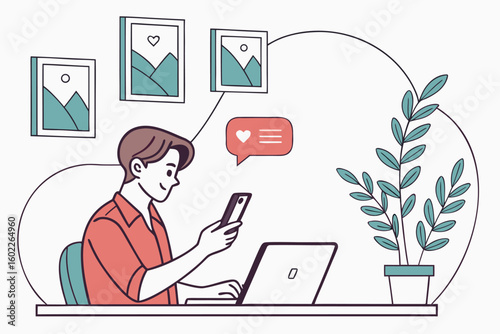 Young man engaging with smartphone while working on laptop at home with artwork on walls and a plant beside him