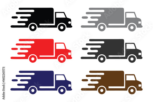 Vector art of a diverse collection of six fast delivery trucks in various colors