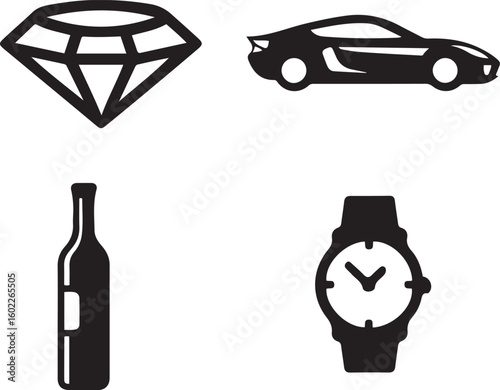 Diamond car bottle and watch icons gemstone automobile