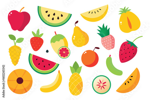 Vector art of a vibrant collection of fresh, colorful fruits, including apples, strawberries, and watermelon