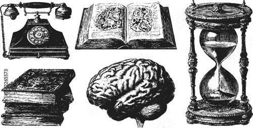 Vintage set of brain, telephone, books, hourglass, and anatomical diagram. Handdrawn engraving style vector illustration in black and white.