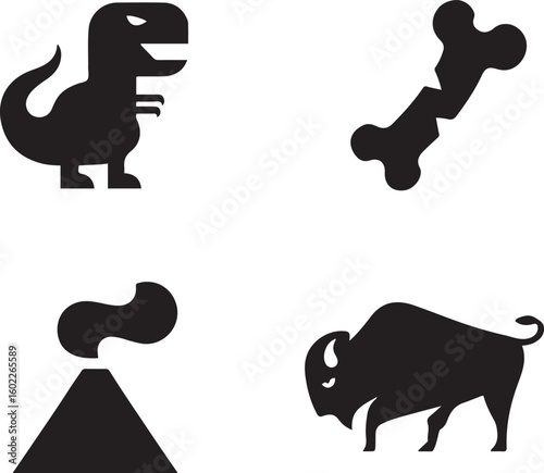 Dinosaur bone volcano and buffalo icons tyrannosaurus rex