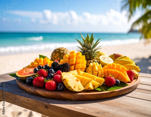 Tropical fruit platter on beach (2)
