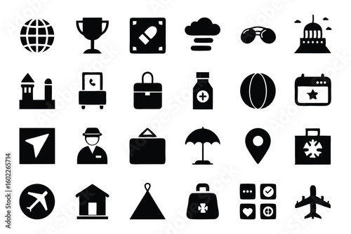 Vector art of a comprehensive set of travel and transportation icons, including airplanes, globes, and luggage