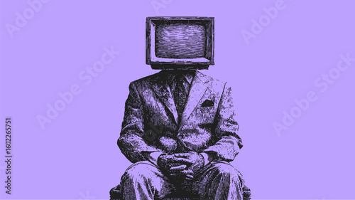 Businessman in vintage suit with a television screen head. Black and white linework vector illustration with a surreal concept.