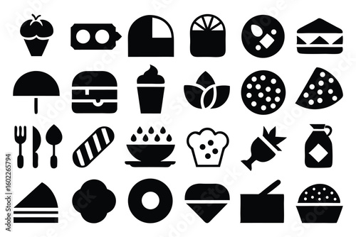 Vector art of a diverse collection of black and white food and drink icons for various culinary uses