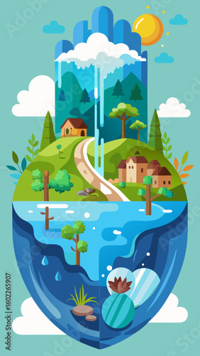 Vibrant illustration of a healthy ecosystem with a waterfall village and clear water below