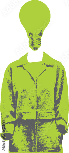 Lightbulb as a person's head in a vintage jacket. Bold green surreal concept, isolated vector illustration.