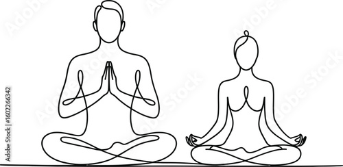 Couple practicing yoga meditation in lotus pose line art illustration