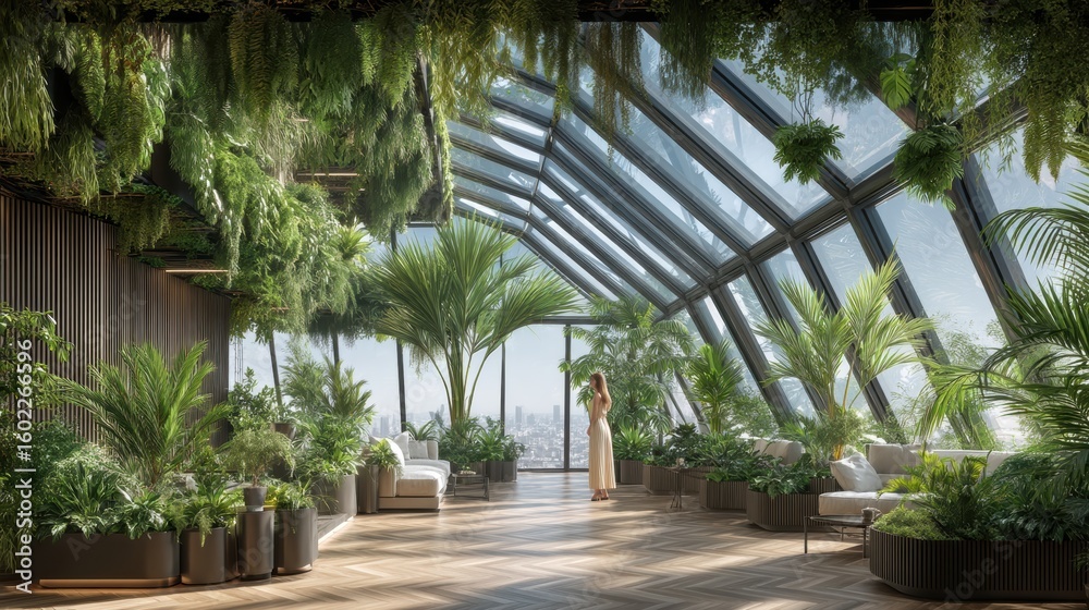 Fototapeta premium Modern indoor garden with glass ceiling and lush plants