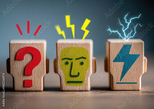 Three small wooden blocks, each with a different symbol, represent concepts of confusion, frustration, and electricity