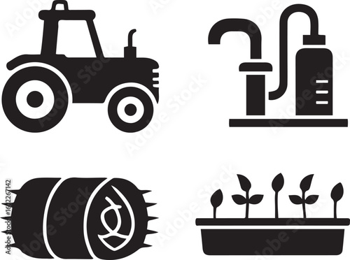 Farm icons tractor hay bale seedling and irrigation system