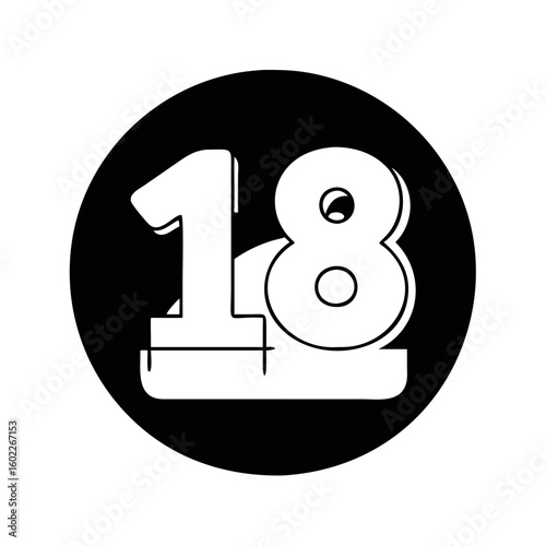 Eighteen in a circular frame, simple design, black and white image