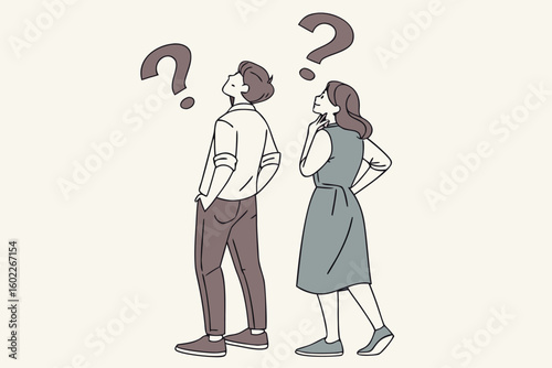 Curious couple contemplating a decision while looking up, illustrating confusion and uncertainty in a light-hearted manner