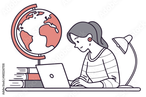 Student working on a laptop at a desk with books and a globe in a cozy study setting during the day