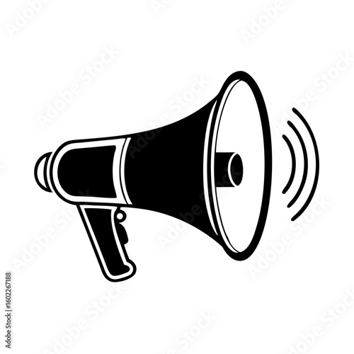 A bold black and white illustration of a megaphone in action