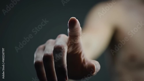 Close Up of Hand Touching Virtual Screen with Bare Skin in Studio Setting on Gray Background