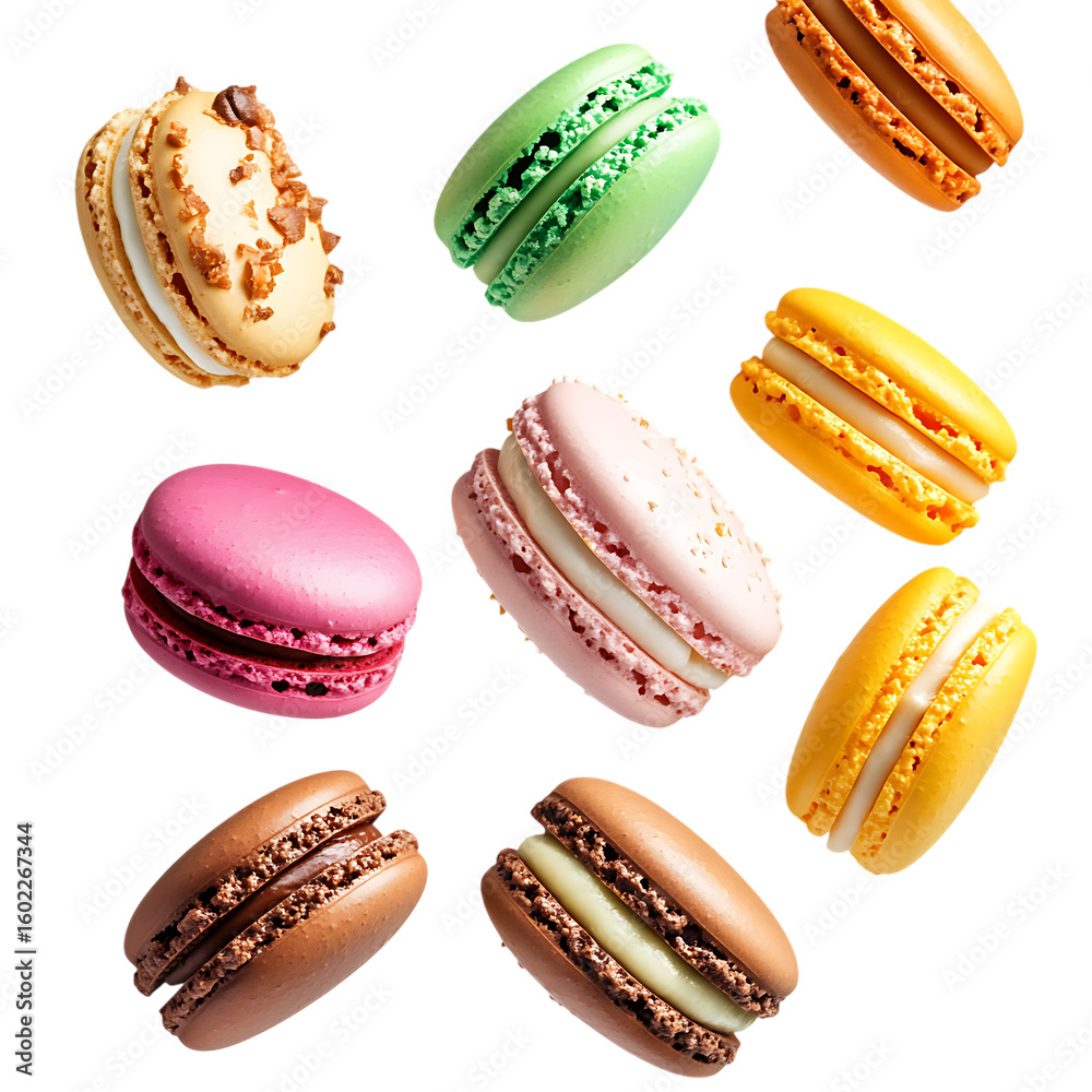 Fototapeta premium Various colorful of macarons floating png